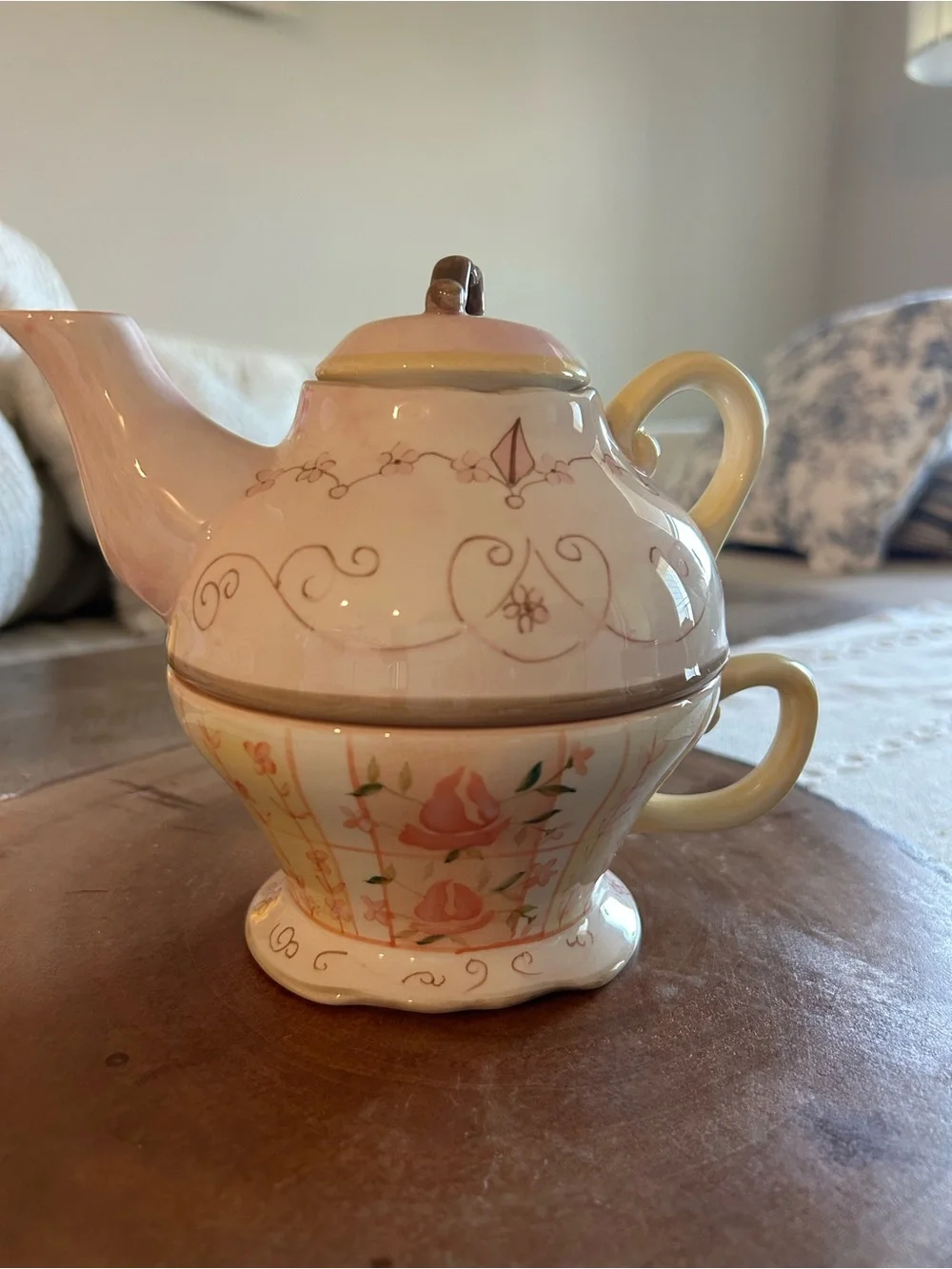 Vintage Fairy Pink Floral Porcelain Teapot and Cup Set With Handmade Design